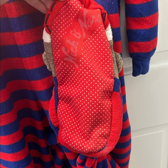 Nick & Nora Blue Red Stripe One Piece Sock Monkey Footie Pajamas Size S - Picture 9 of 9